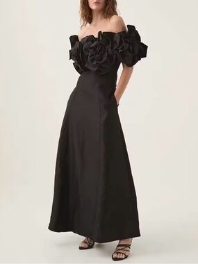 Off-Shoulder Black Floral Applique Evening Dress